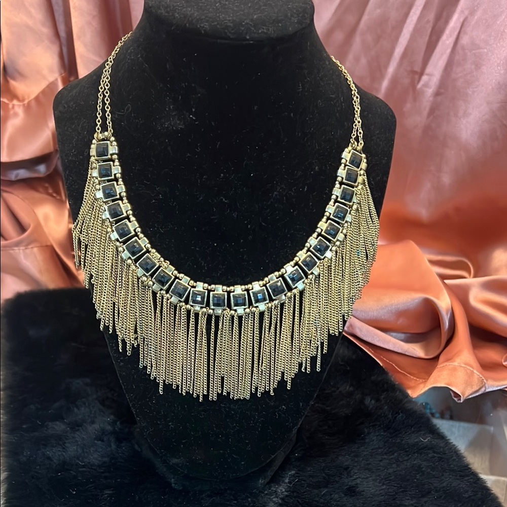Chic Gold and Black Fringe Necklace